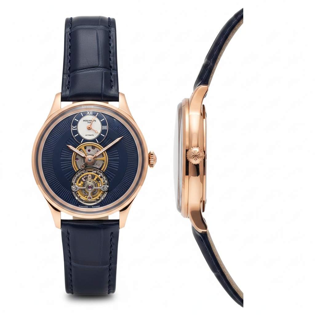 Men's navy blue rose gold skeleton watch – front and side ghost mannequin view