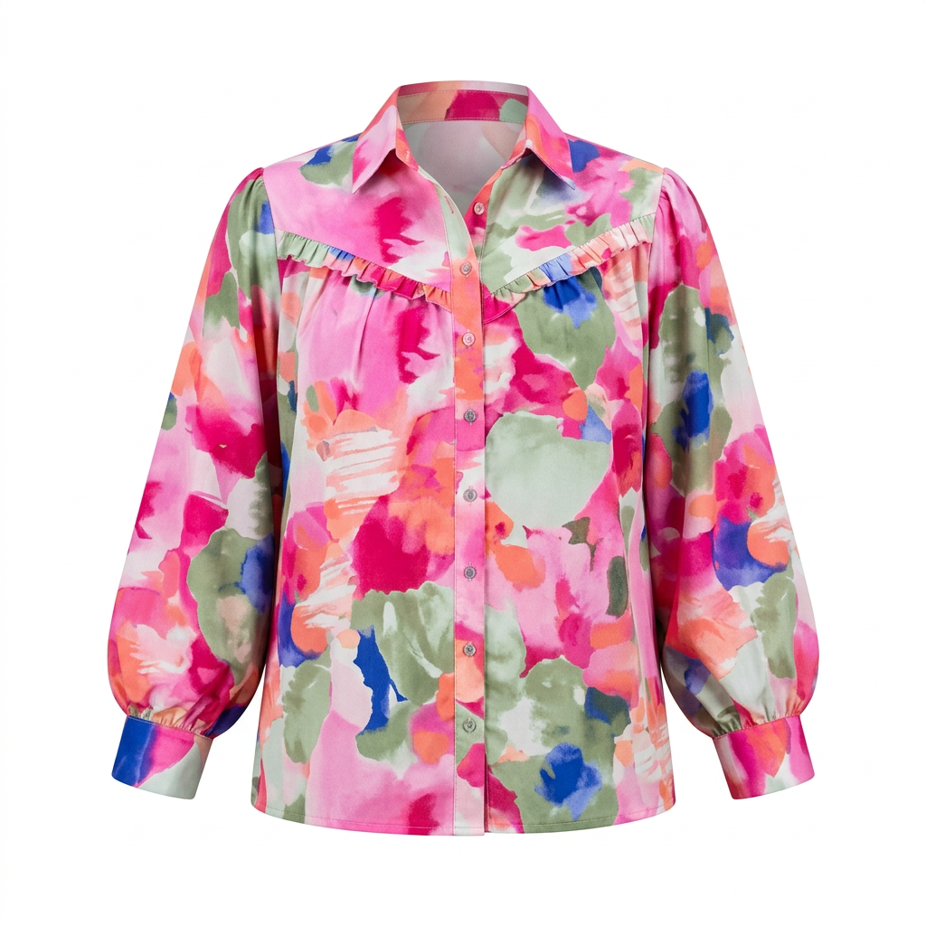 Pink multicolour abstract-print collared blouse on an invisible mannequin