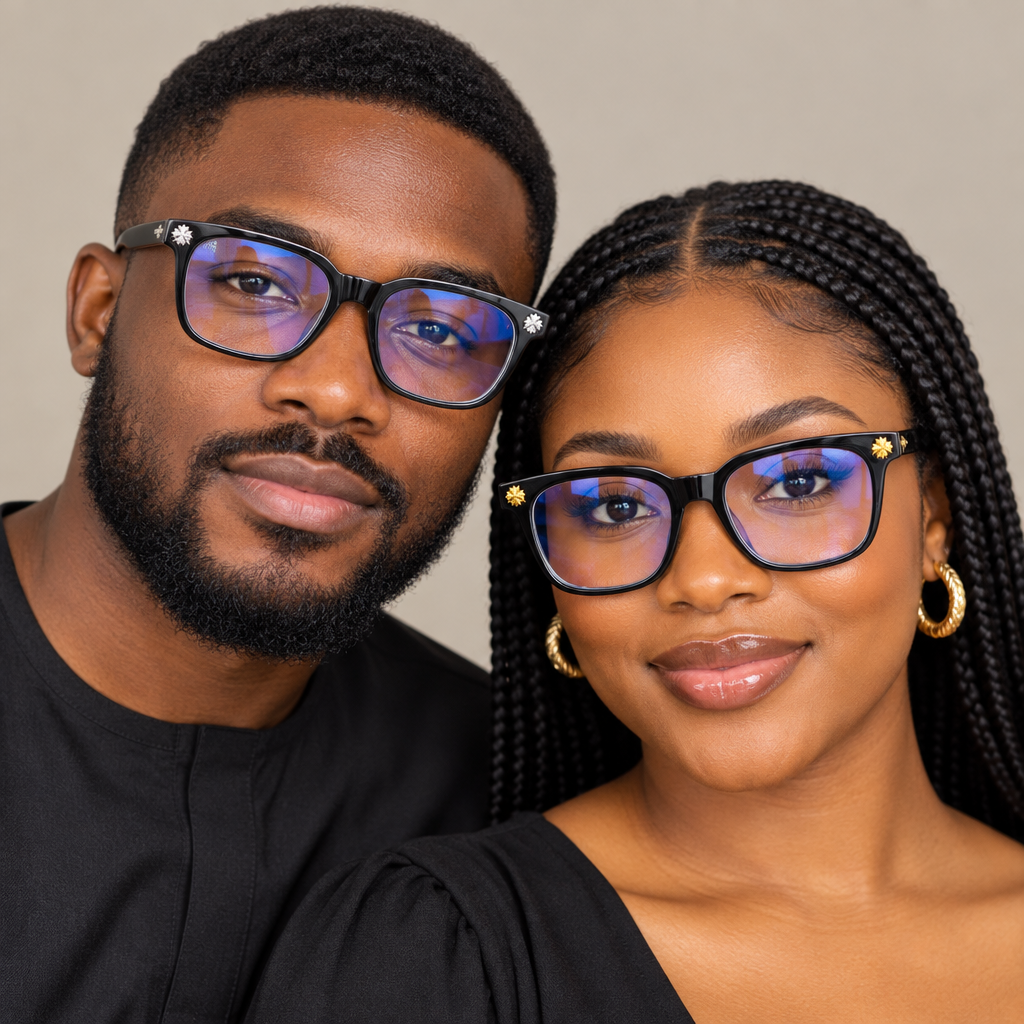 AI-generated adults wearing black fashion eyeglasses with floral details