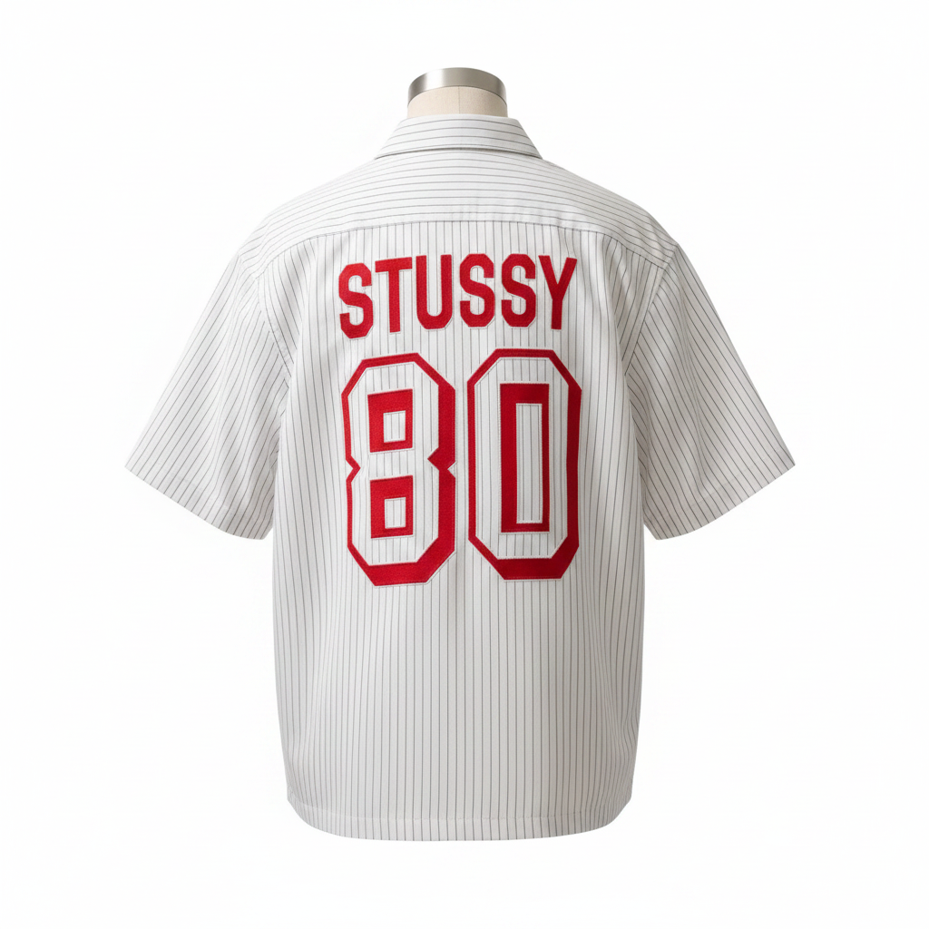 Ghost mannequin white pinstripe Stussy 80 red back varsity shirt back view