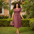 Women's Dusty Mauve Pleated Midi Dress — Nigerian female model shot