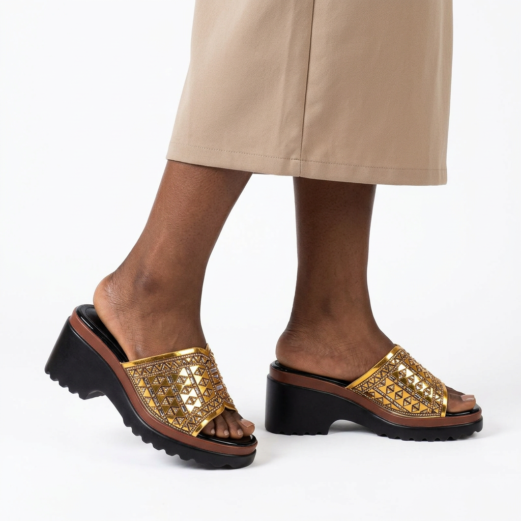 Model wearing gold metallic geometric-detail platform slides