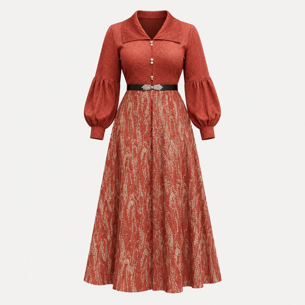 Ghost mannequin view of a terracotta midi gown with a gold-toned patterned skirt and puff sleeves