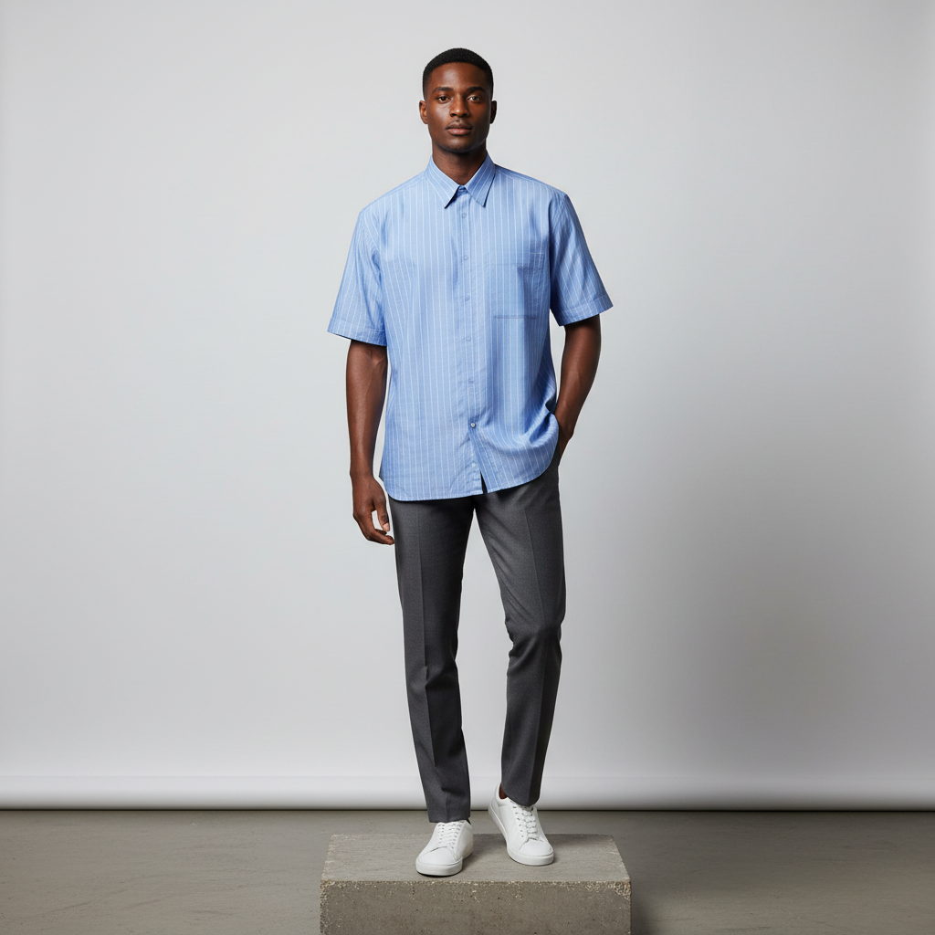Cornflower Blue White Pinstripe Short-Sleeved Shirt - Model Shot
