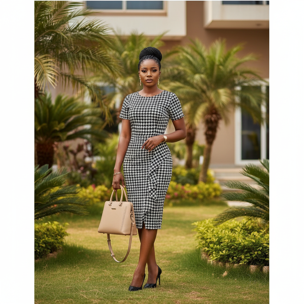Women's Black & White Houndstooth Short-Sleeve Fitted Midi Dress – Nigerian Female Model