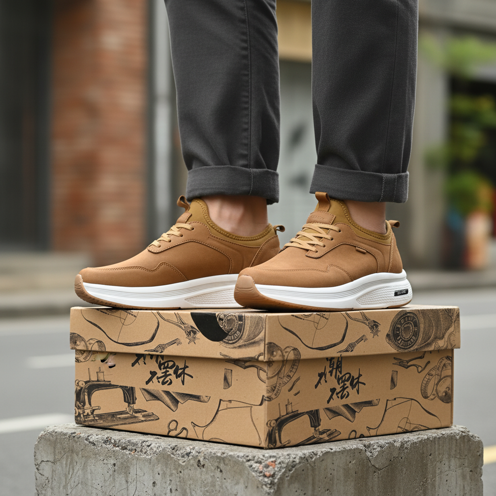 Model wearing tan nubuck leather lace-up casual sneakers leg shot