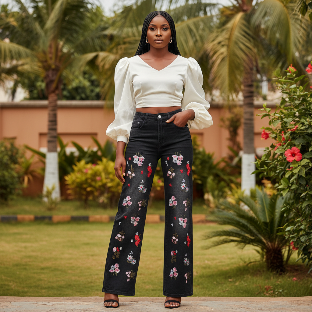 Black Floral Embroidered Wide-Leg Jeans - Model Front View