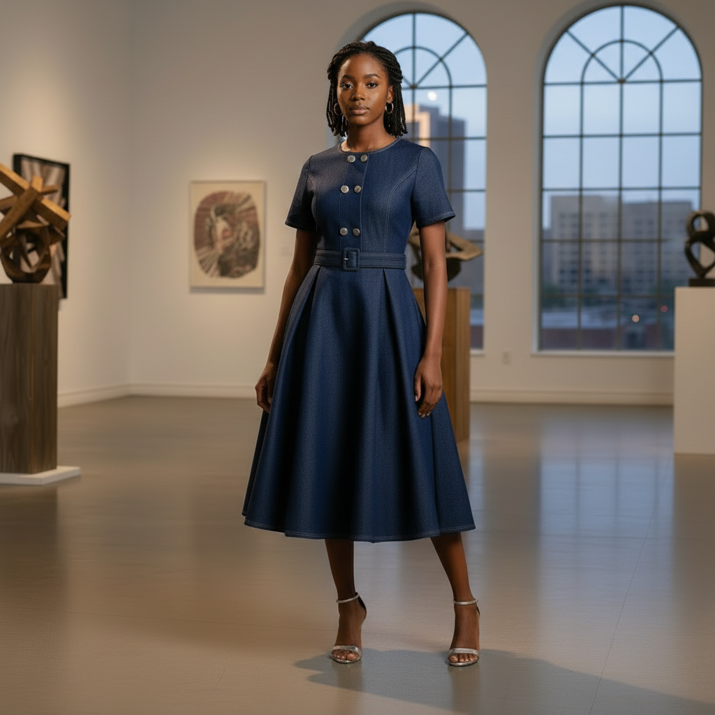 Navy Blue Belted Denim Dress - Model Shot