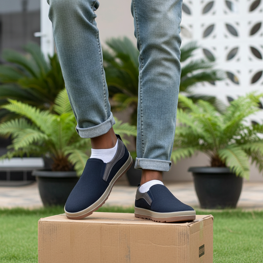 Nigerian male model wearing navy blue suede slip-on sneakers with grey panels - leg focus shot