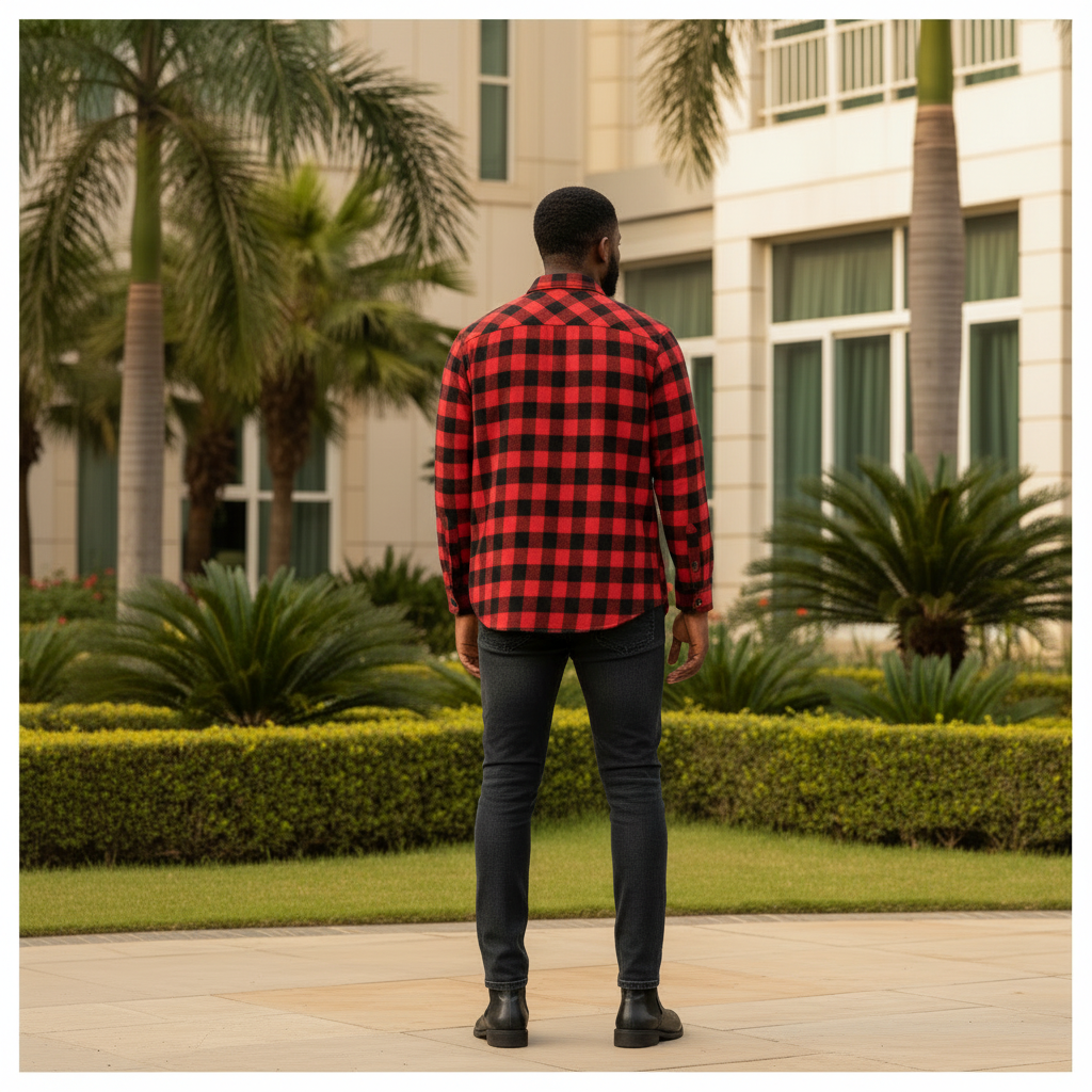 Nigerian male model wearing red and black plaid flannel shirt — back view