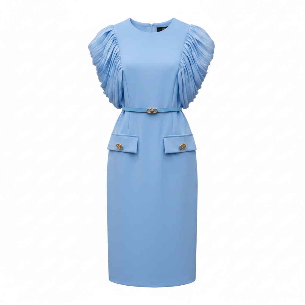 Women's ruffle-sleeve belted midi dress in sky blue – ghost mannequin front view