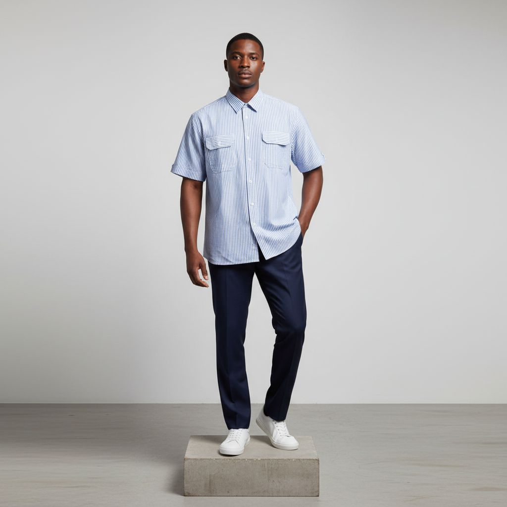 Blue White Striped Short-Sleeved Shirt - Model Front View
