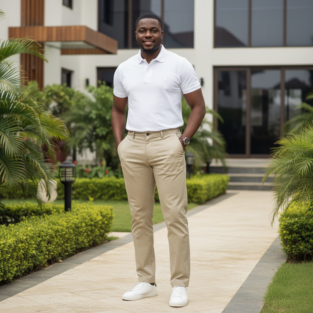 Nigerian male model wearing men's sand beige chinos trousers