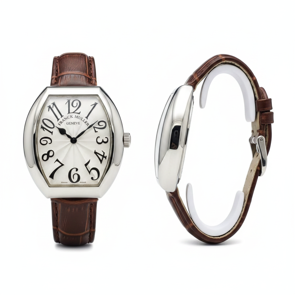 Women's silver oversized plain bezel white guilloche dial tonneau watch — ghost mannequin front and side view, brown leather strap