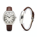 Women's silver oversized plain bezel white guilloche dial tonneau watch — ghost mannequin front and side view, brown leather strap