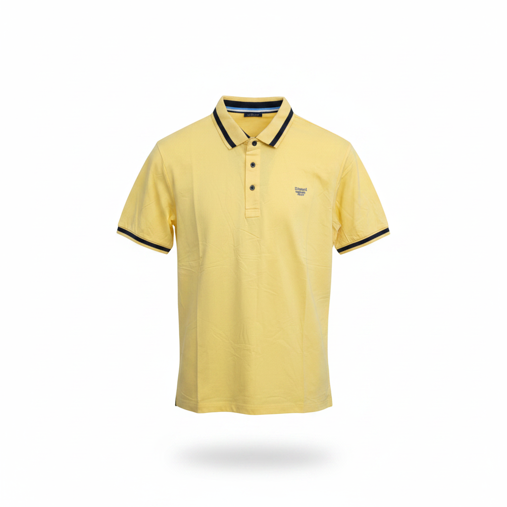 Men's yellow polo shirt with navy tipped collar and cuffs, ghost mannequin front view