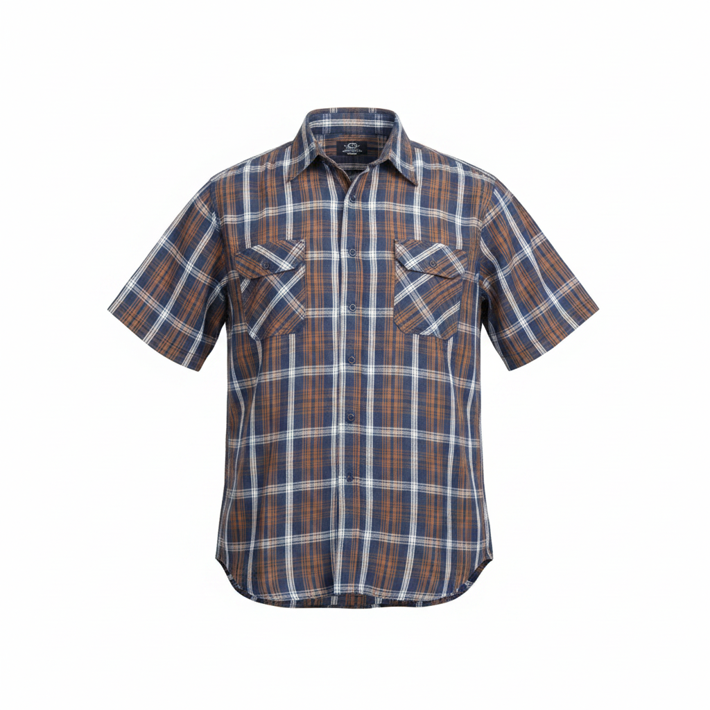 Navy Tan White Plaid Short-Sleeved Shirt - Ghost Mannequin
