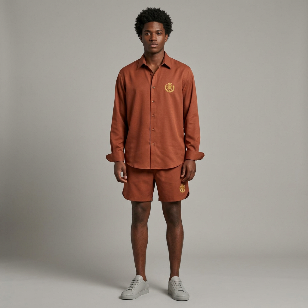 Nigerian man wearing rust crest-detail shirt and shorts set
