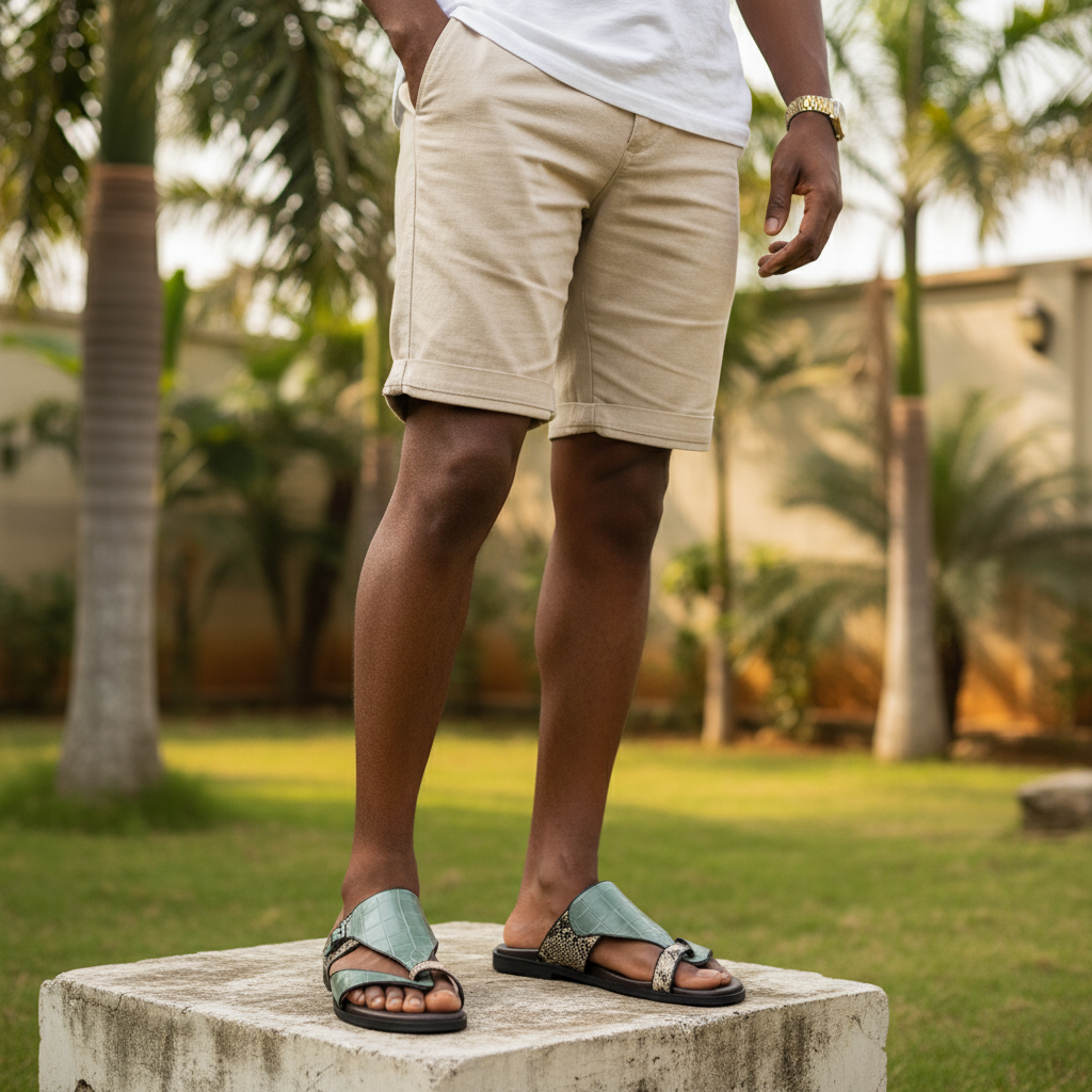 Leg focus shot of Nigerian male model wearing sage green croc-embossed thong slide sandals with snakeskin detail