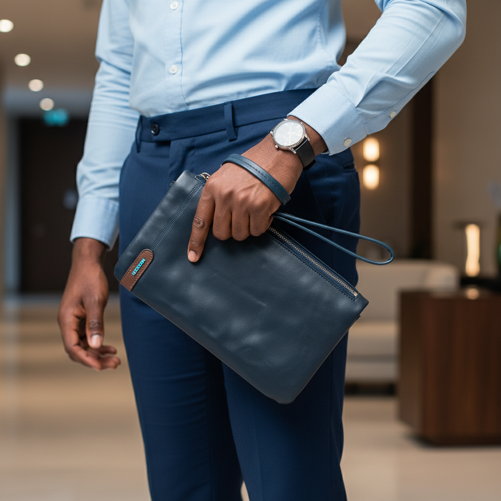 Mexican navy leather men's clutch held by Black Nigerian professional man
