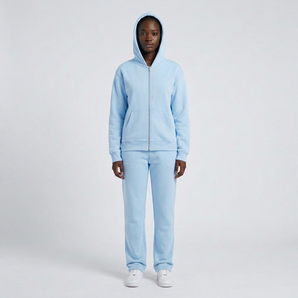 Full-body Black adult woman wearing a baby blue zip-up hoodie and trouser set