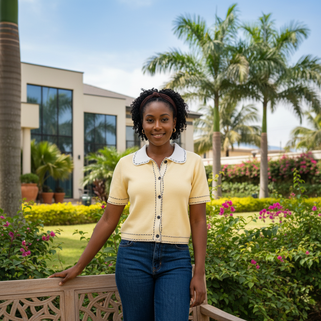 Nigerian female model wearing Women's Pastel Yellow Contrast Trim Button-Front Top