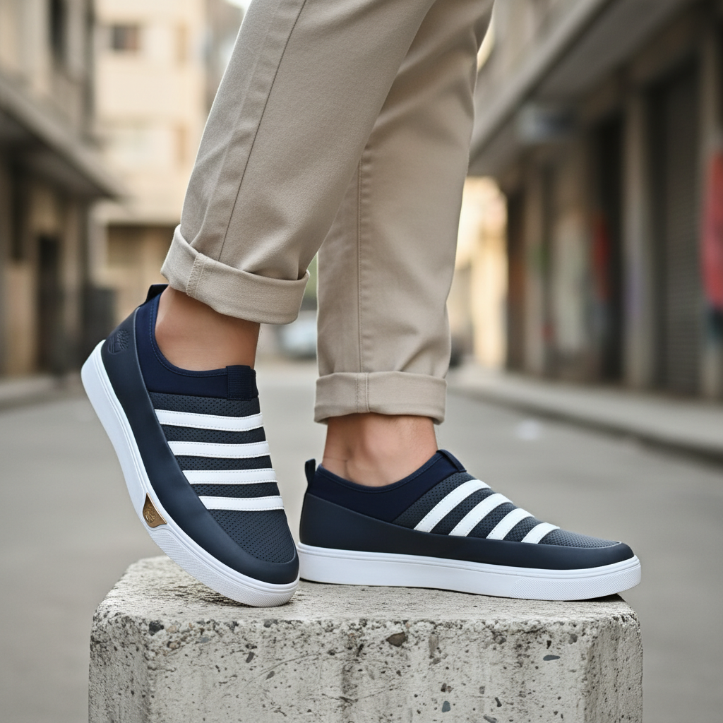 Model wearing navy blue three-stripe slip-on sneakers with gold heel badge leg shot