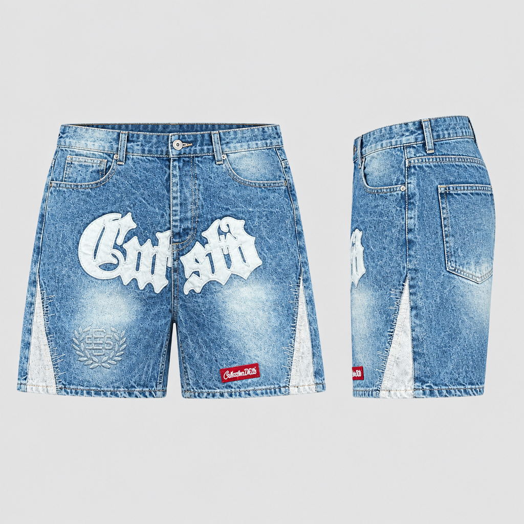 Blue washed denim shorts with large white graphic and white side panels