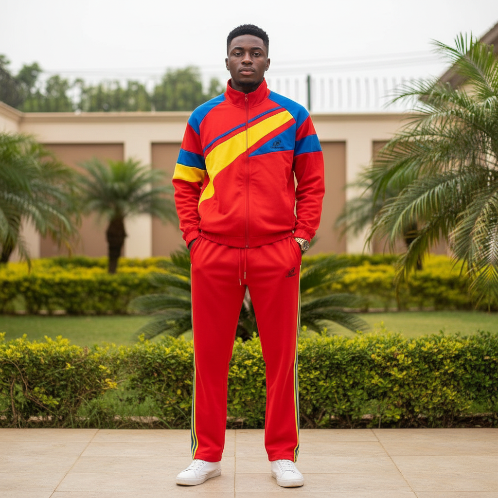 Nigerian male model wearing men's red colour-block stripe tracksuit set