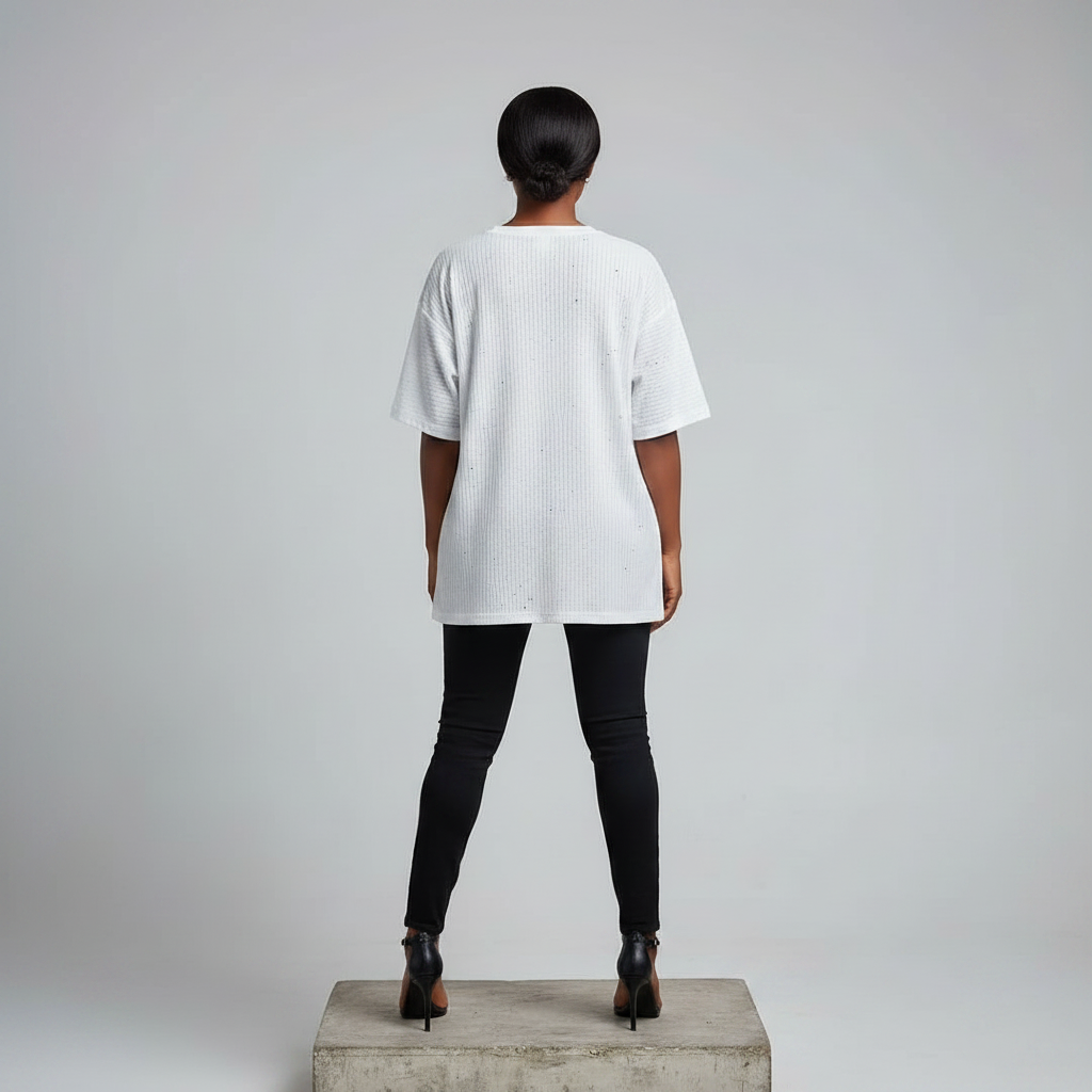 Nigerian female model back view - white ribbed rhinestone arc graphic top