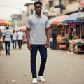 Young Nigerian male model wearing light grey marl textured polo shirt