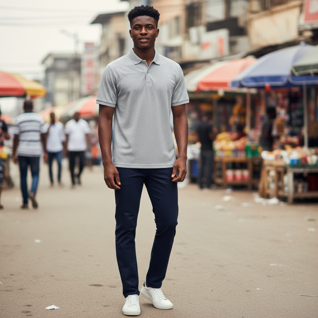 Young Nigerian male model wearing light grey marl textured polo shirt
