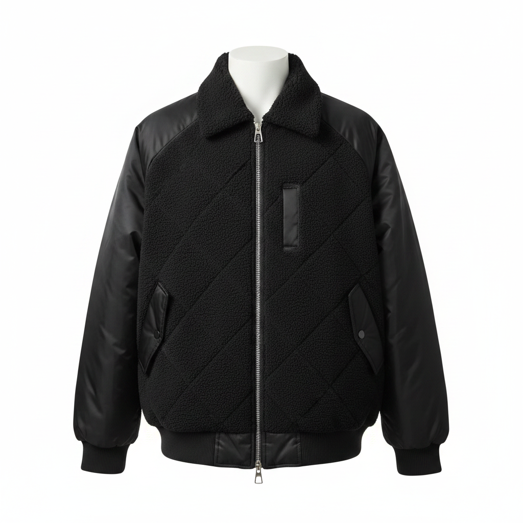 Ghost mannequin all-black quilted sherpa puffer bomber jacket front view