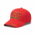 Red embroidered graphic baseball cap ghost mannequin — front view on white background