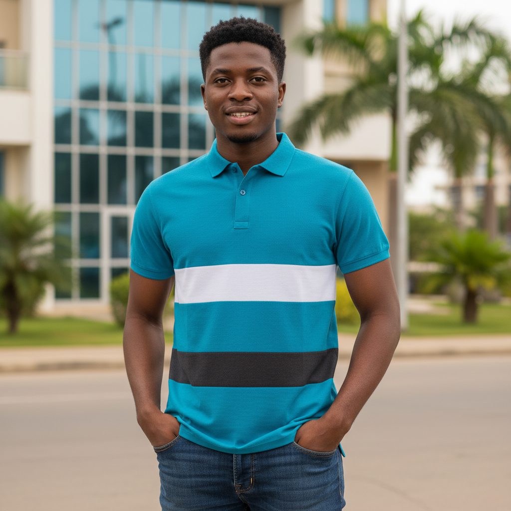 Teal Colour Block Stripe Polo Shirt - Model Shot