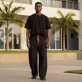 Model wearing black plaid waistband wide-leg joggers