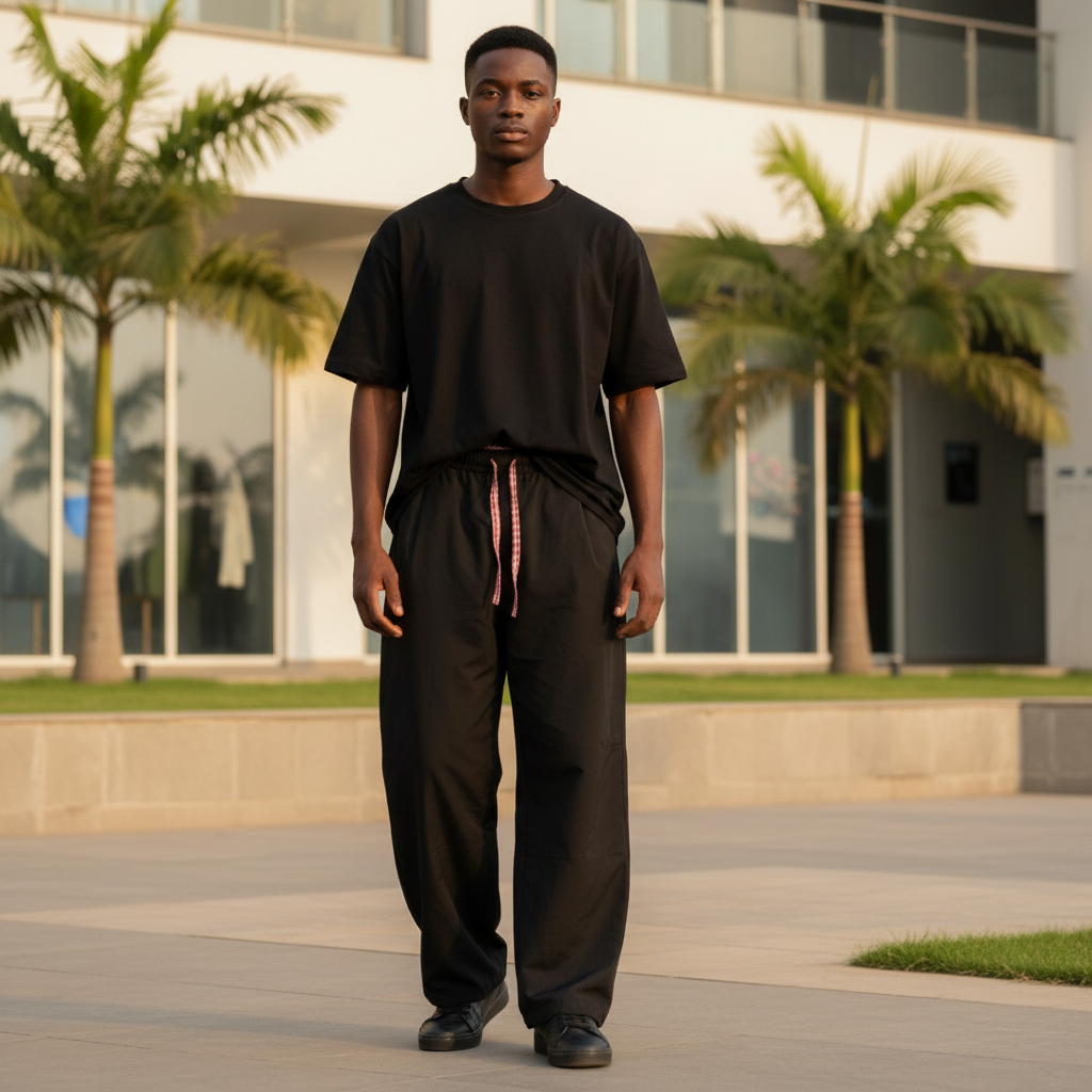 Model wearing black plaid waistband wide-leg joggers