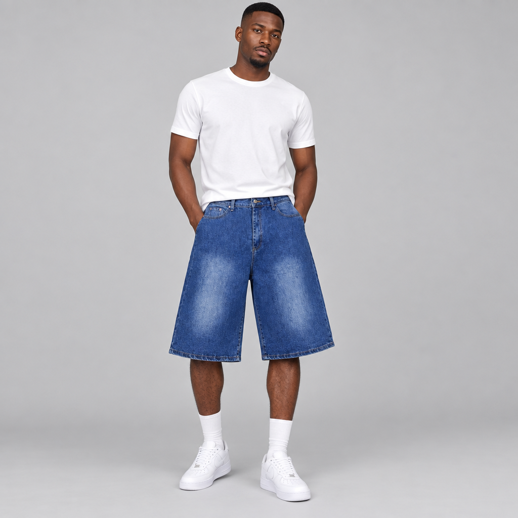 Model wearing blue faded denim long shorts