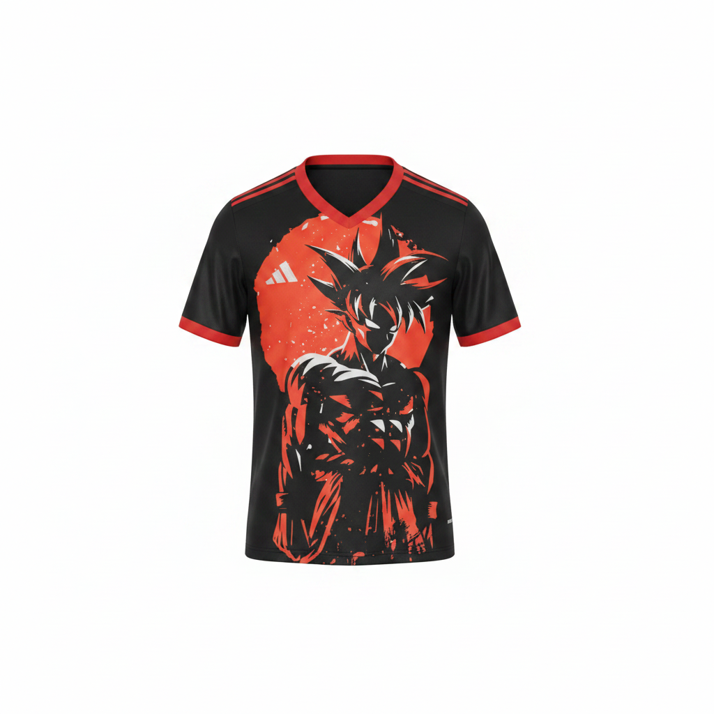 Black red anime warrior graphic football jersey ghost mannequin front view