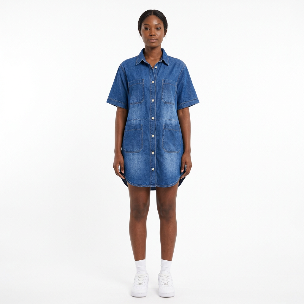 Full-body woman wearing a blue four-pocket denim shirt dress