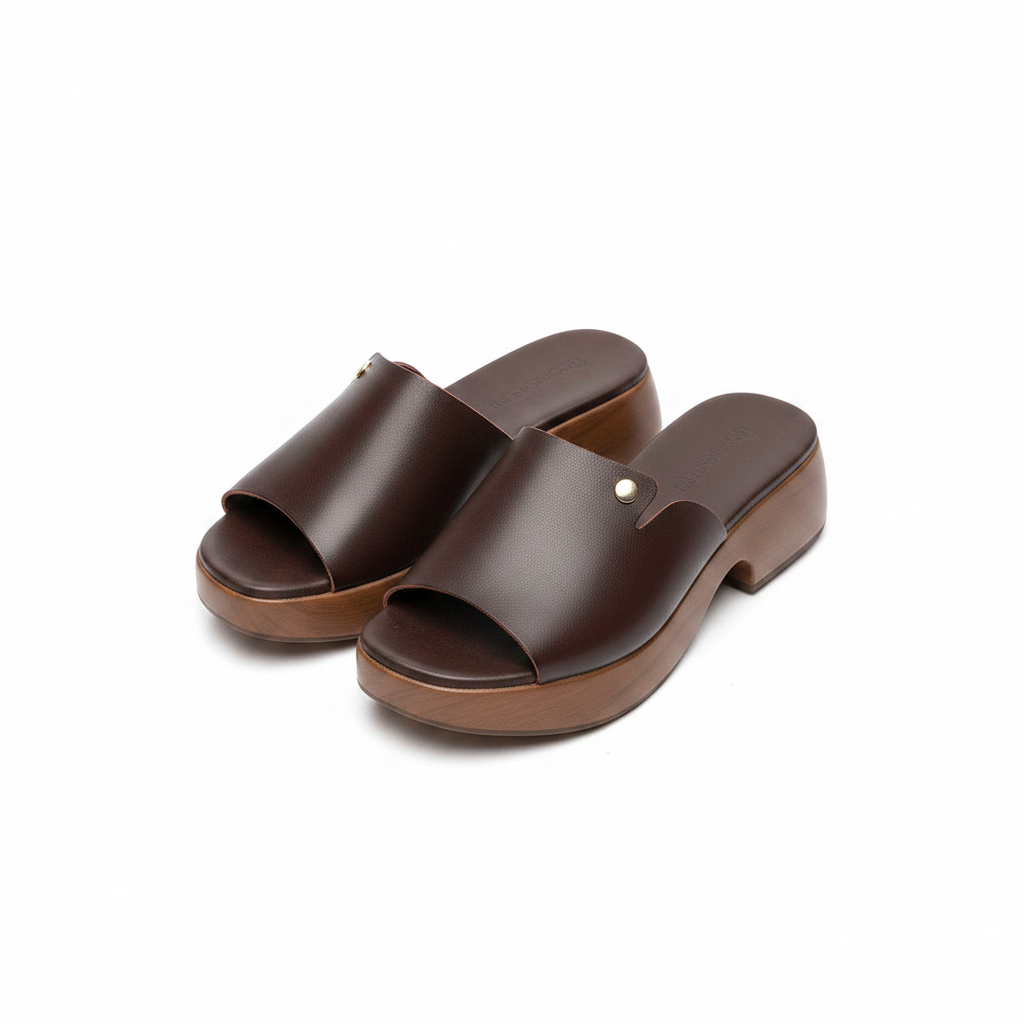 Ghost mannequin pair view of dark brown leather chunky platform clog slide mules