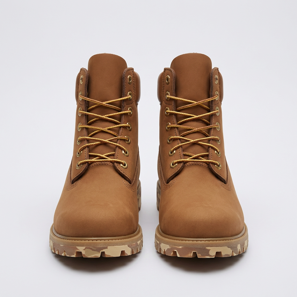 Generated catalog view of tan lace-up footwear with camouflage soles