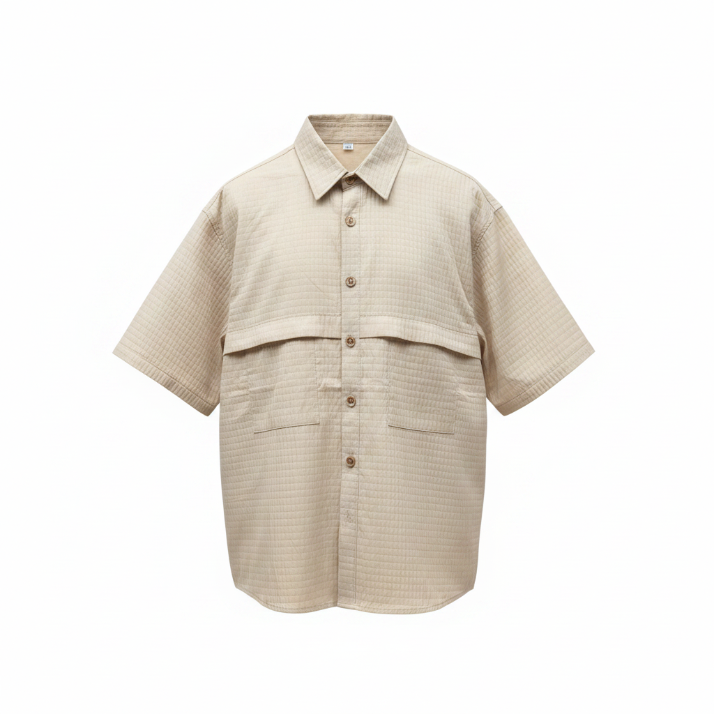 Grid-textured short-sleeve utility shirt ghost mannequin — warm ivory beige, chest flap pockets