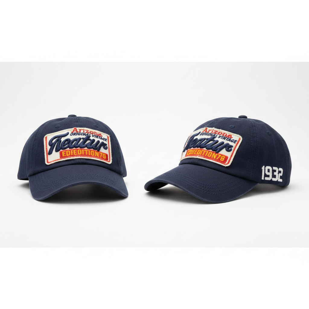Navy blue vintage patch dad cap product shot front and side view