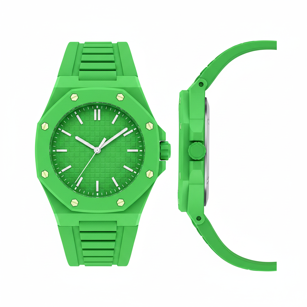 Unisex bright green monochrome octagonal pop watch with solid waffle dial and white hands, front and side view