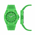Unisex bright green monochrome octagonal pop watch with solid waffle dial and white hands, front and side view
