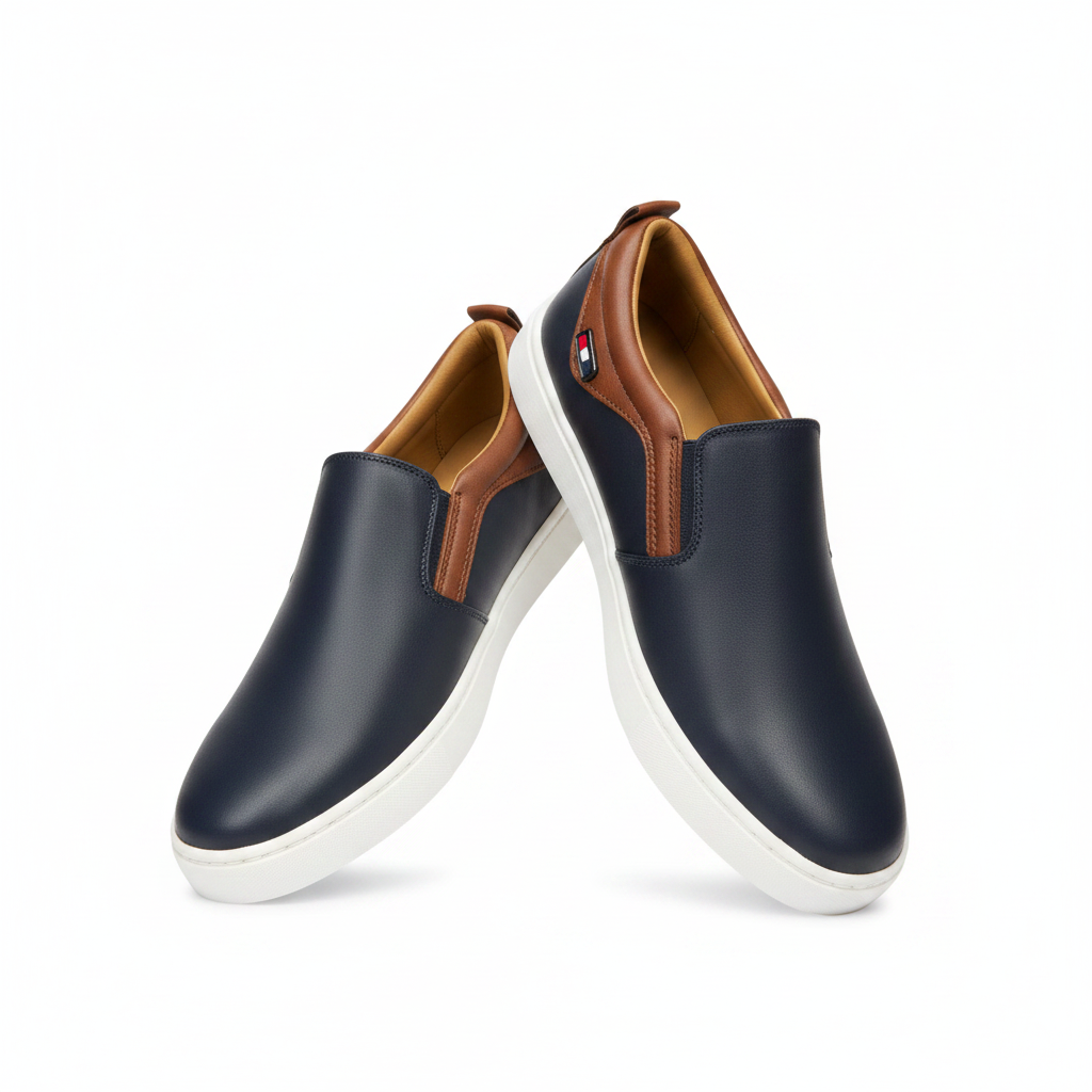 Men's navy blue leather slip-on loafer pair ghost mannequin view on white background