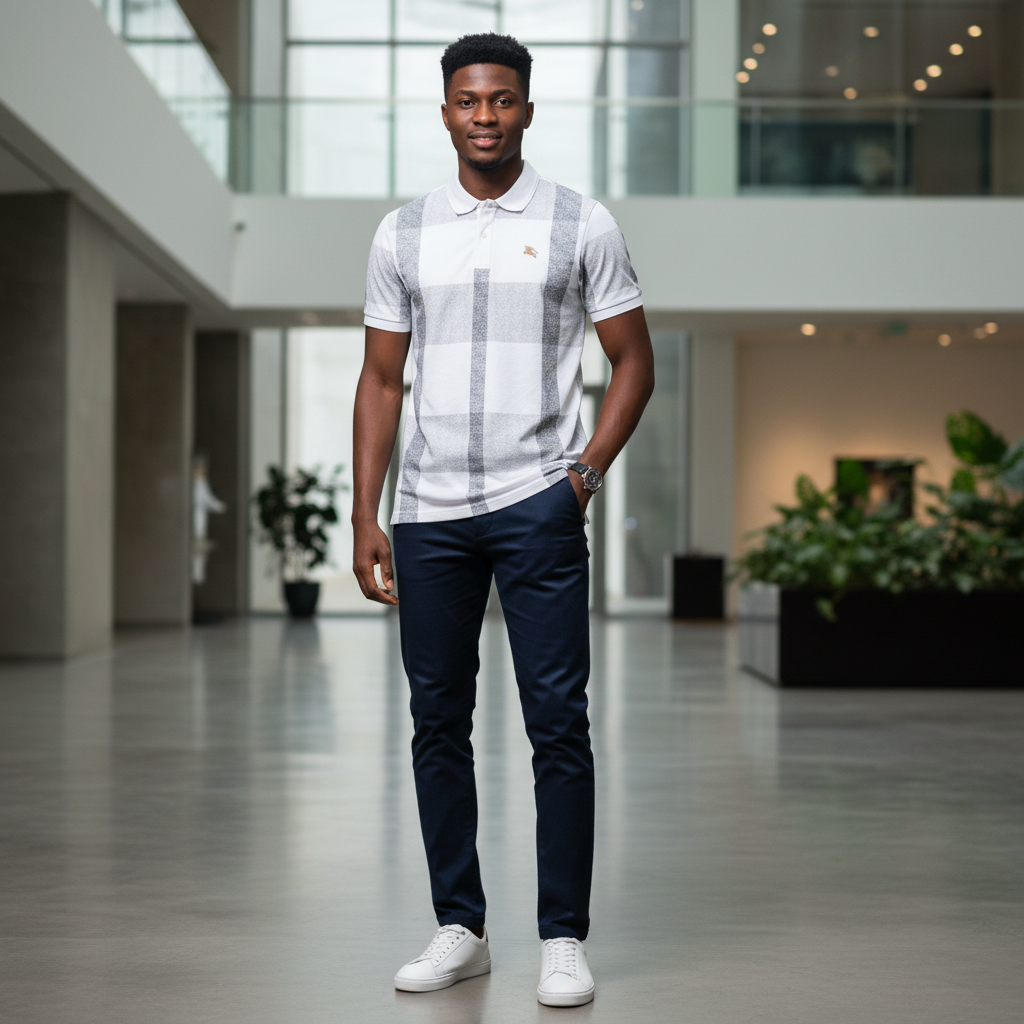 Nigerian male model wearing white and grey check plaid polo shirt