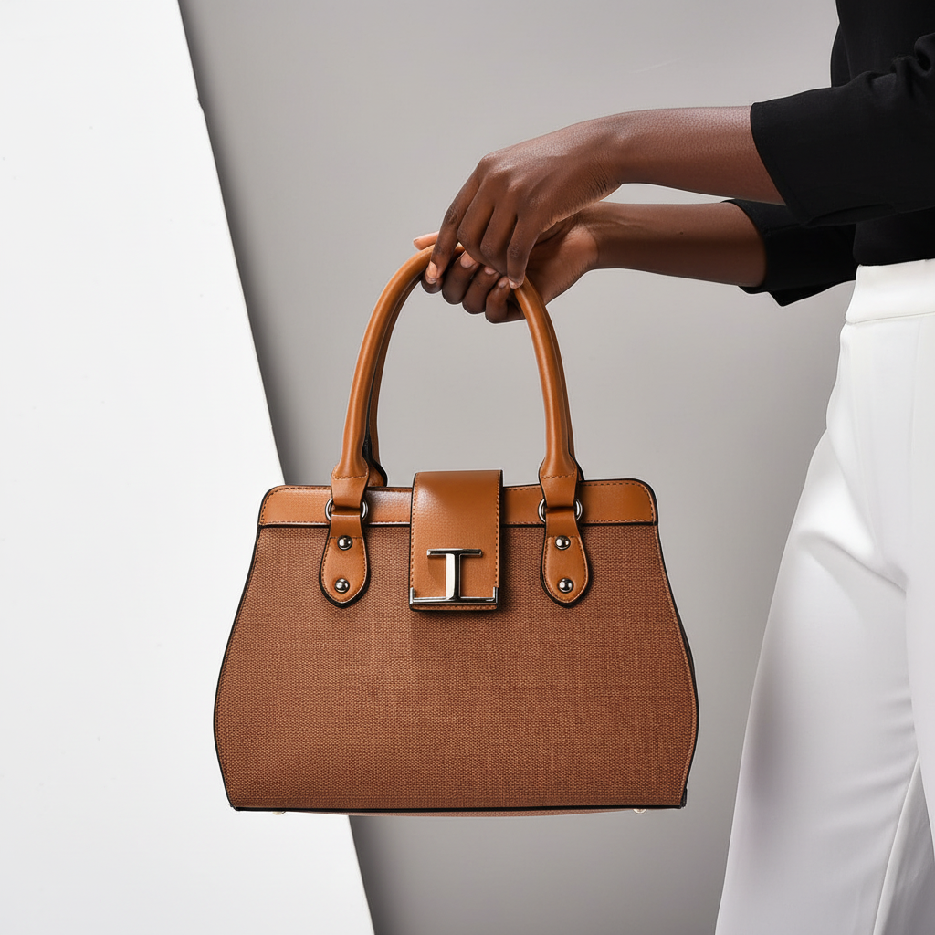 Young Nigerian woman holding camel tan structured tote bag with caramel leather handles and gold T-bar buckle