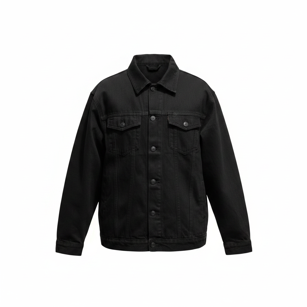 Men's all-black oversized denim trucker jacket ghost mannequin front view
